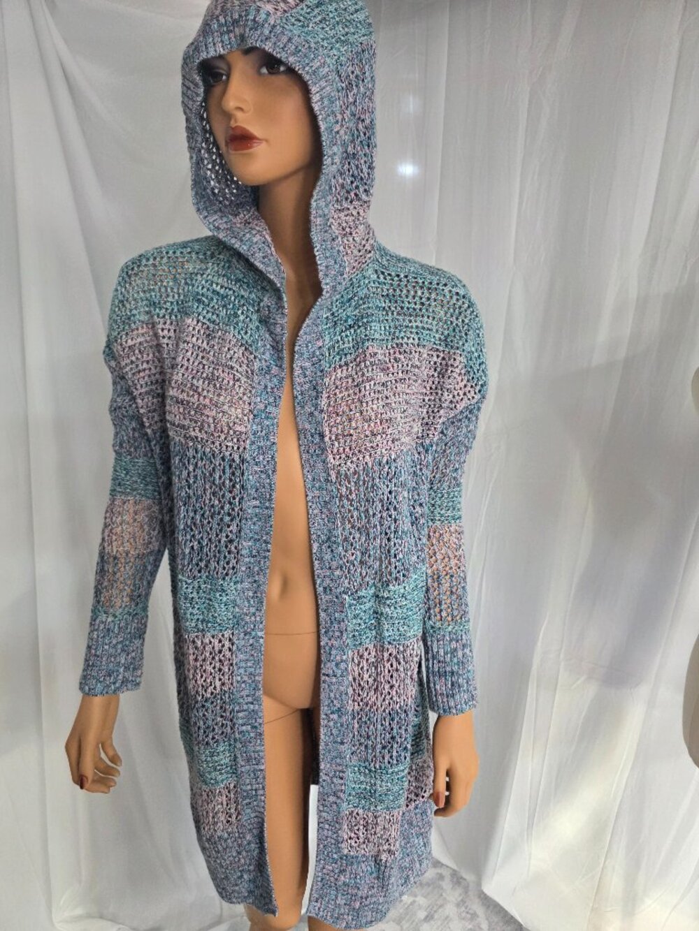 GAP Hooded Open Front Cardigan Sweater Multicolor Crochet Knit Size L
